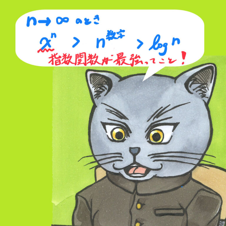 「n→∞ のとき x^n ＞ n^数字 ＞ log n。指数関数が最強」と解説する猫のうにゃすけ