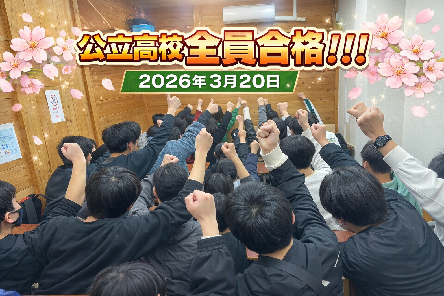 2026年3月20日 公立高校全員合格。ガッツポーズをする中谷塾の生徒たち