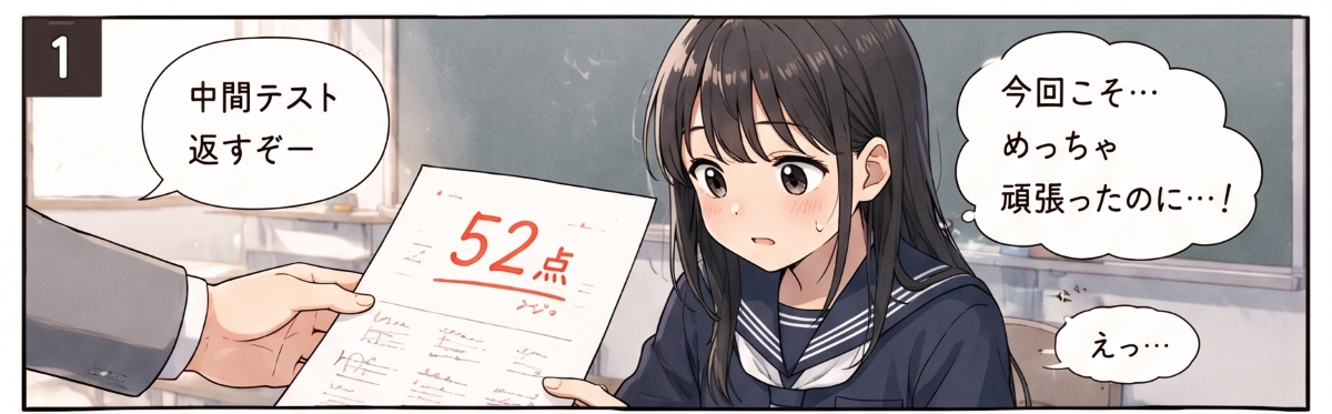 中間テスト返却で点数に落ち込む女子中学生