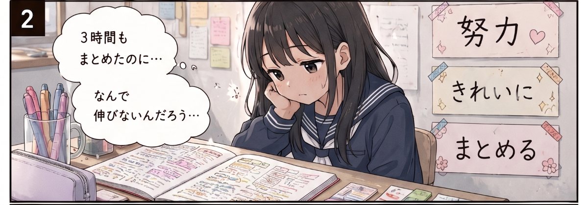 きれいなノートまとめに時間をかける女子中学生