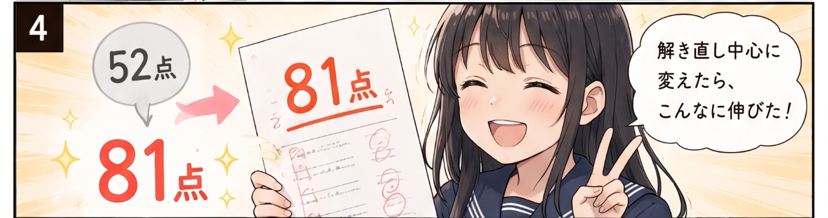 解き直し中心の勉強で点数が伸びた女子中学生