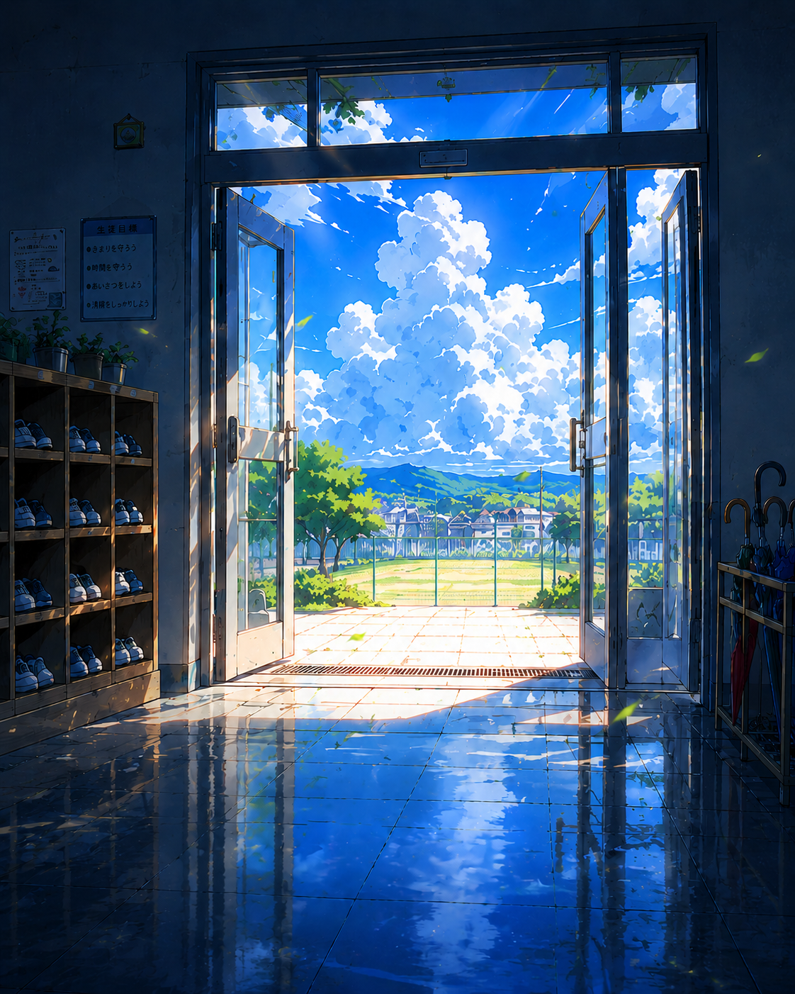学校昇降口から見える入道雲の夏空