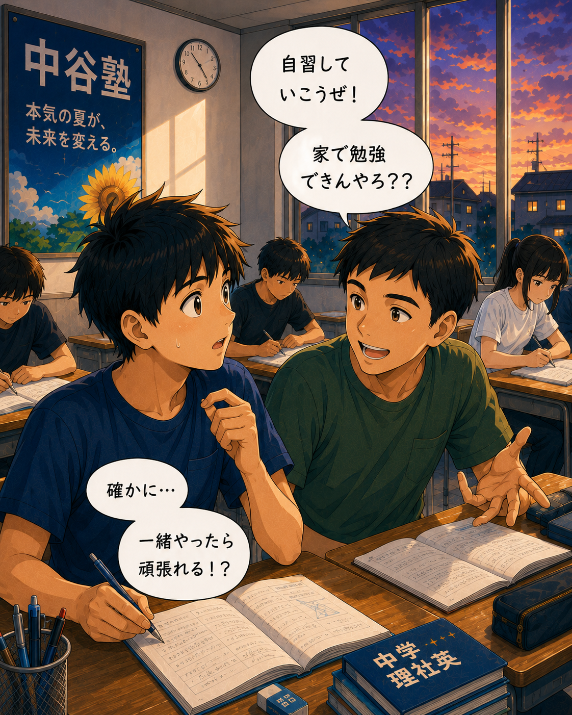 夕方の自習室、一緒に頑張る仲間
