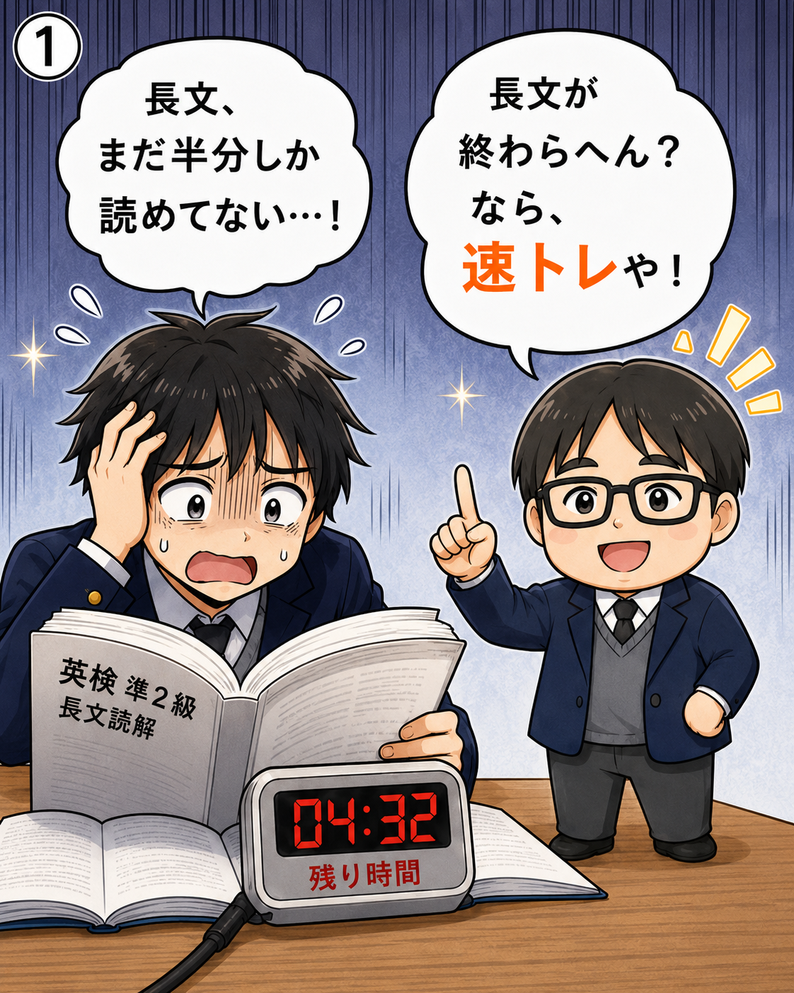 速トレ紹介マンガ1コマ目:英検準2級の長文が半分しか読めず焦る生徒に、先生が「なら、速トレや!」と提案する場面