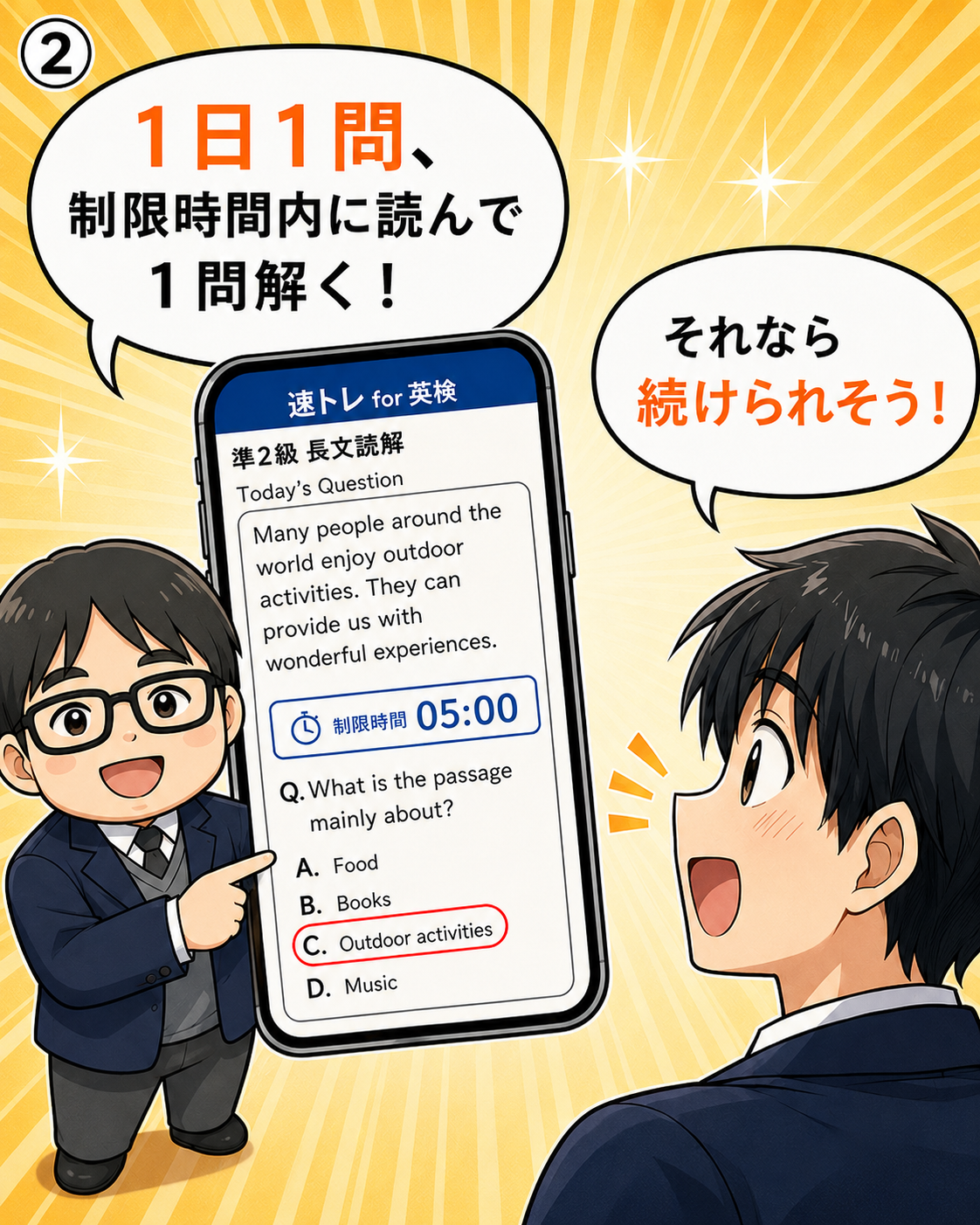速トレ紹介マンガ2コマ目:スマホの速トレ画面を見せながら「1日1問、制限時間内に読んで1問解く」と説明し、生徒が「それなら続けられそう!」と答える場面