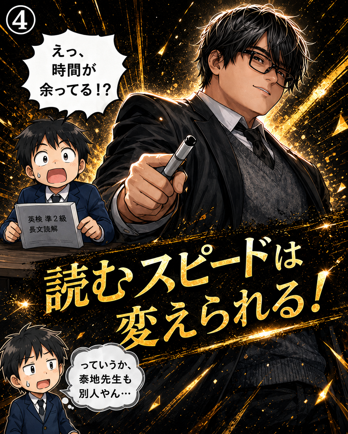 速トレ紹介マンガ4コマ目:英検本番で「えっ、時間が余ってる!?」と驚く生徒。「読むスピードは変えられる!」の決めゼリフ