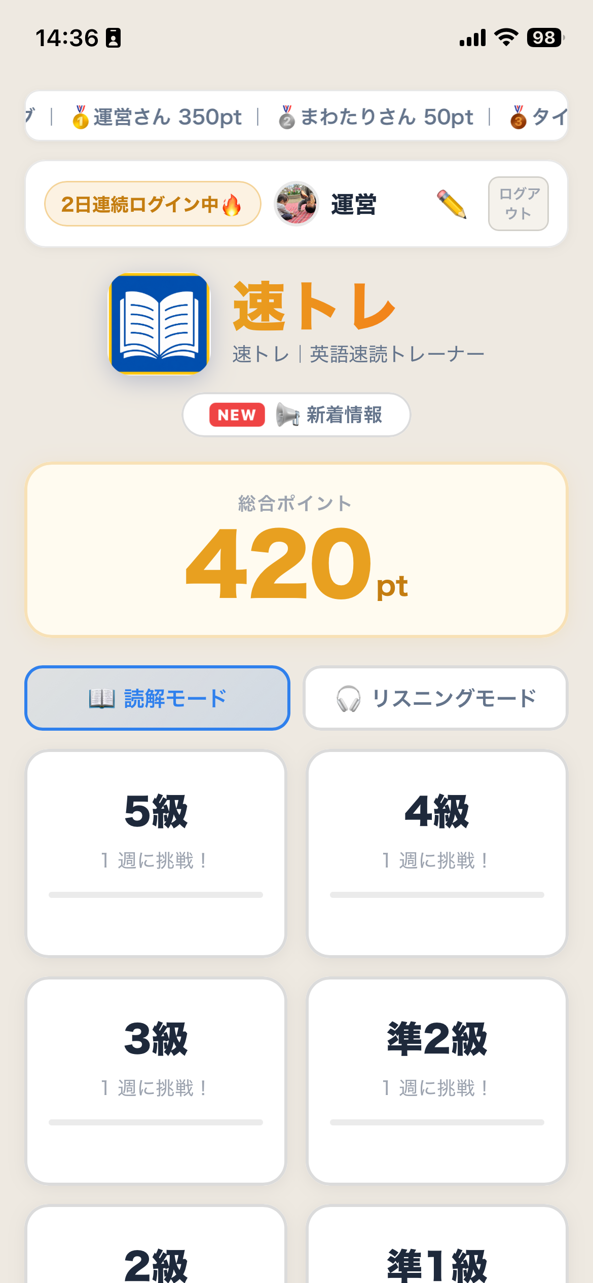 速トレのホーム画面。総合ポイント、読解モードとリスニングモードの切り替え、級ごとのカードが並ぶ