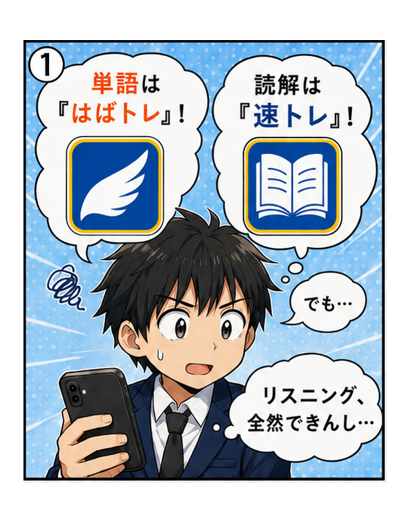 速トレリスニング編マンガ1コマ目：「単語は『はばトレ』！読解は『速トレ』！でも…リスニング、全然できんし…」と悩む生徒