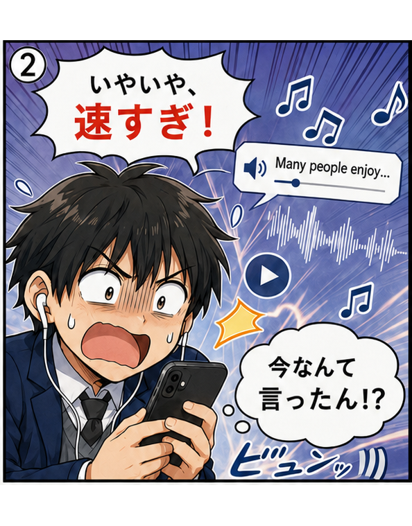 速トレリスニング編マンガ2コマ目：イヤホンから流れる英語音声に「いやいや、速すぎ！今なんて言ったん!?」とフリーズする生徒