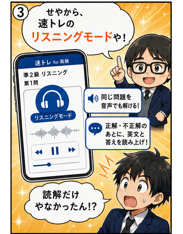 速トレリスニング編マンガ3コマ目：ミニ泰地先生が「せやから、速トレのリスニングモードや！」とスマホ画面を紹介。同じ問題を音声でも解ける・正解後に英文と答えを読み上げ
