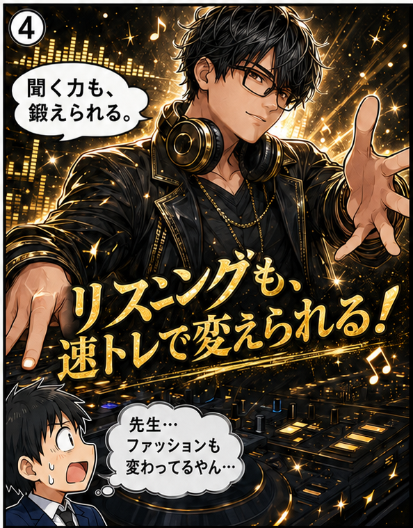 速トレリスニング編マンガ4コマ目：DJ泰地先生が爆誕し「聞く力も、鍛えられる。リスニングも、速トレで変えられる！」。生徒「先生…ファッションも変わってるやん…」