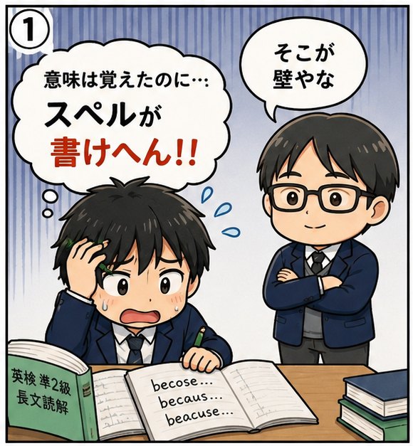 はばトレタイピングモード紹介マンガ1コマ目:「意味は覚えたのにスペルが書けへん!!」と悩む生徒に、先生が「そこが壁やな」と共感する場面