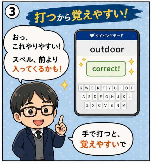はばトレタイピングモード紹介マンガ3コマ目:「打つから覚えやすい!」。correct!の画面を見ながら「おっ、これやりやすい!スペル、前より入ってくるかも!」と実感する場面