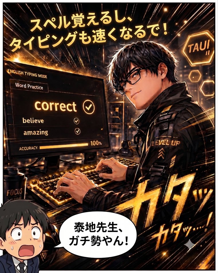 はばトレタイピングモード紹介マンガ4コマ目:「スペル覚えるし、タイピングも速くなるで!」とキーボードを打ち込む先生。生徒が「泰地先生、ガチ勢やん!」とツッコむ場面