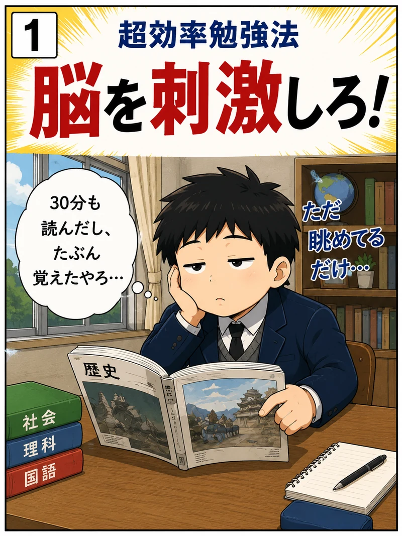 教科書を30分読んだのにテストで思い出せない中学生の4コマ漫画1コマ目