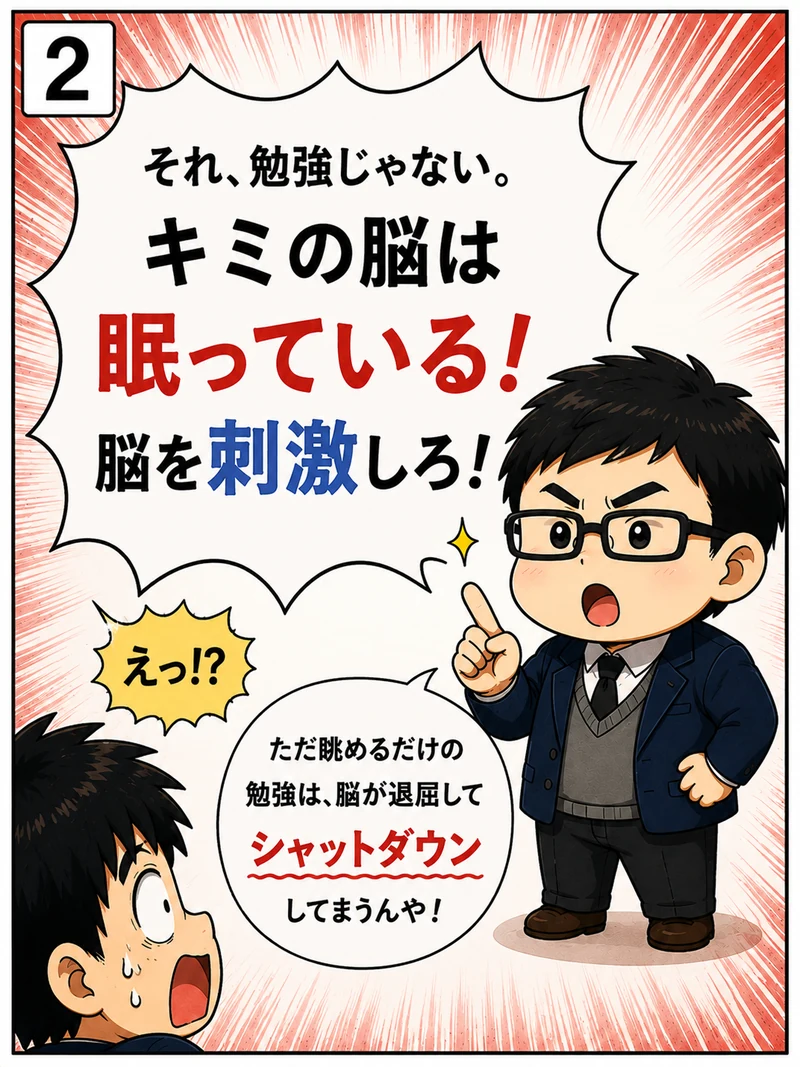 それは勉強ではなく眺めているだけだと指摘する泰地先生の4コマ漫画2コマ目