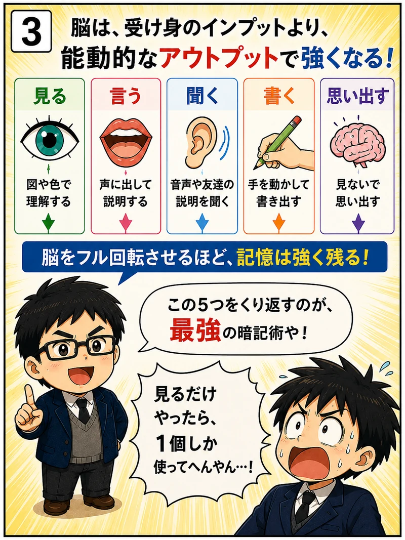 見る・言う・聞く・書く・思い出すの5つで脳を刺激すると解説する4コマ漫画3コマ目