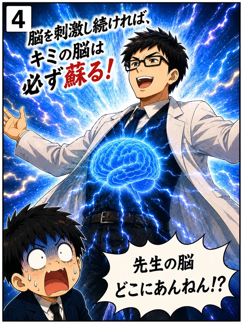 脳を刺激しろと熱く語る泰地先生に生徒がツッコむ4コマ漫画4コマ目