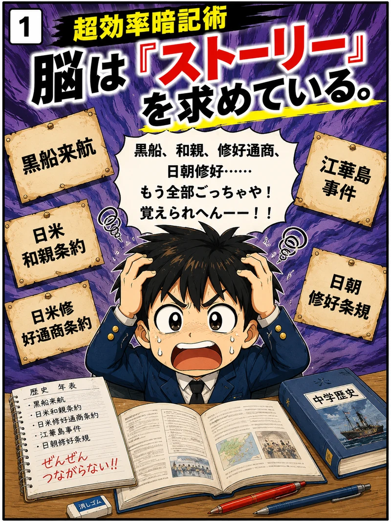 黒船来航・日米和親条約・日米修好通商条約・江華島事件・日朝修好条規がごちゃごちゃになって混乱する中学生の4コマ漫画