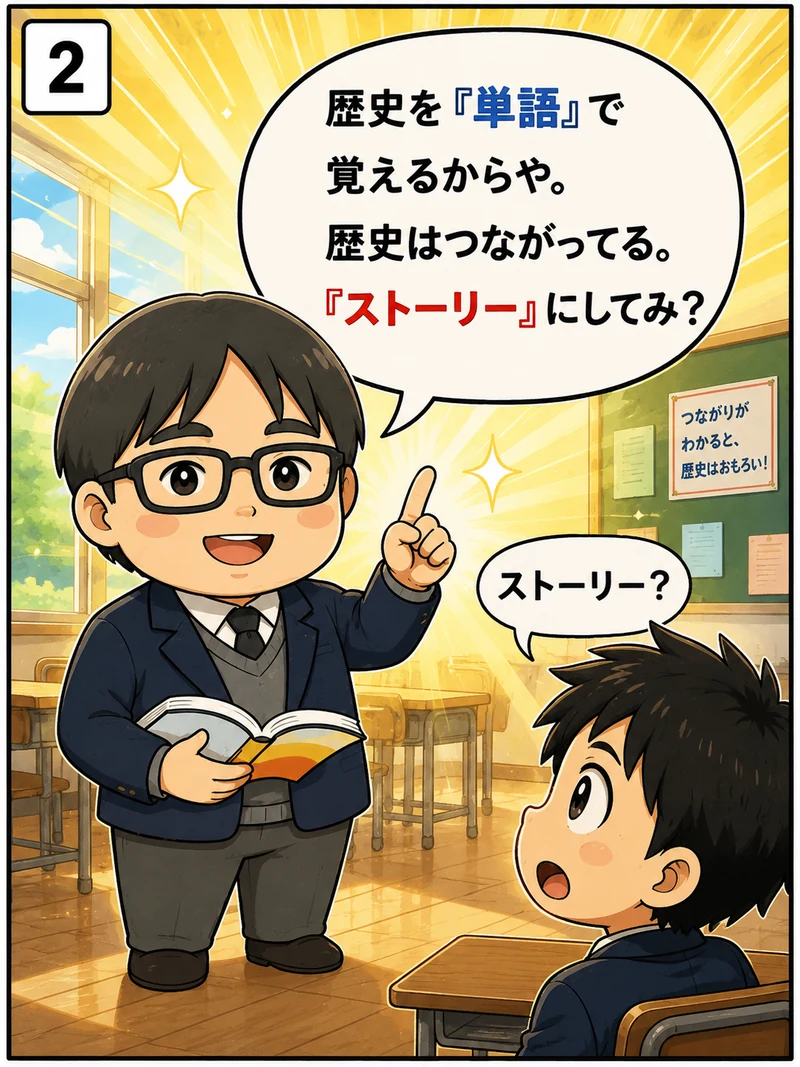 「歴史を単語で覚えるからや。ストーリーにしてみ？」と助言する中谷塾の泰地先生