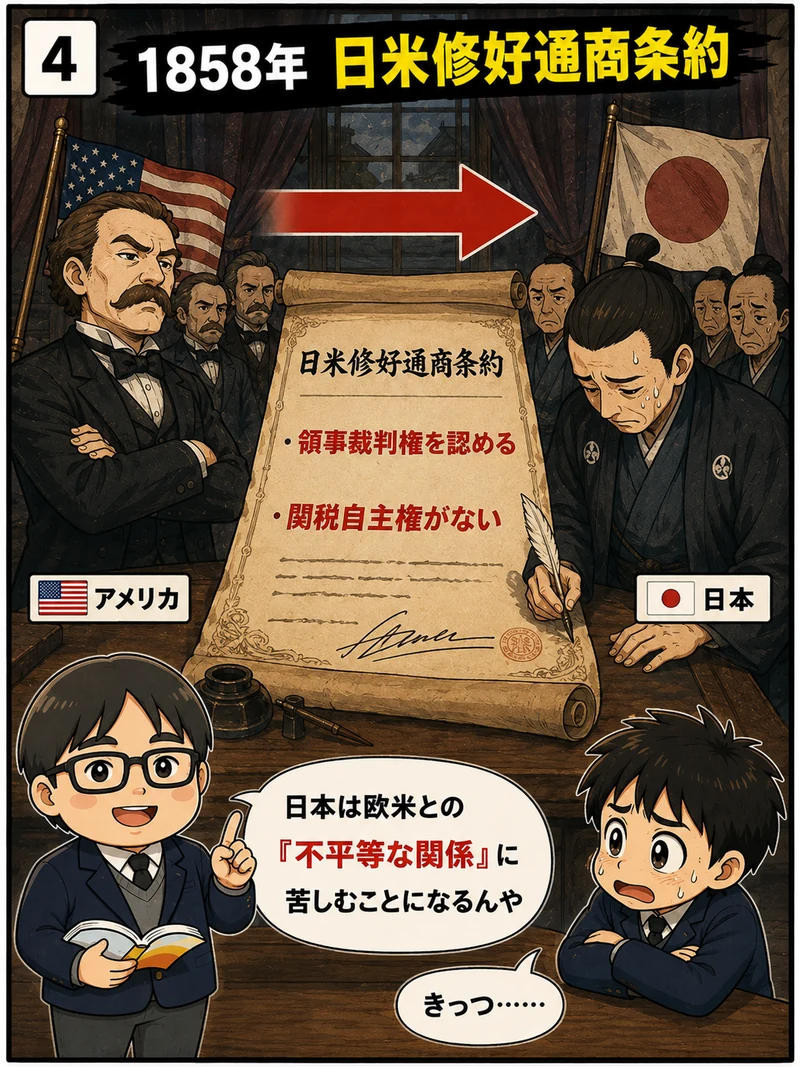 1858年の日米修好通商条約。領事裁判権を認め関税自主権がない不平等条約を結ばされる日本の図解