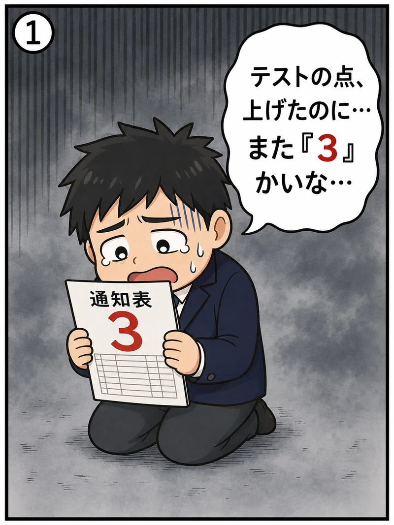 テストの点数を上げたのに通知表がまた「3」だったと落ち込む明石市の中学3年生の4コマ漫画