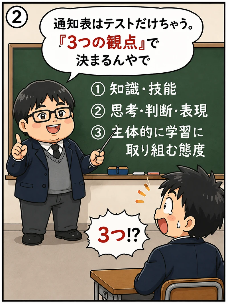 通知表は「知識・技能」「思考・判断・表現」「主体的に学習に取り組む態度」の3つの観点で決まると黒板で解説する中谷塾の泰地先生