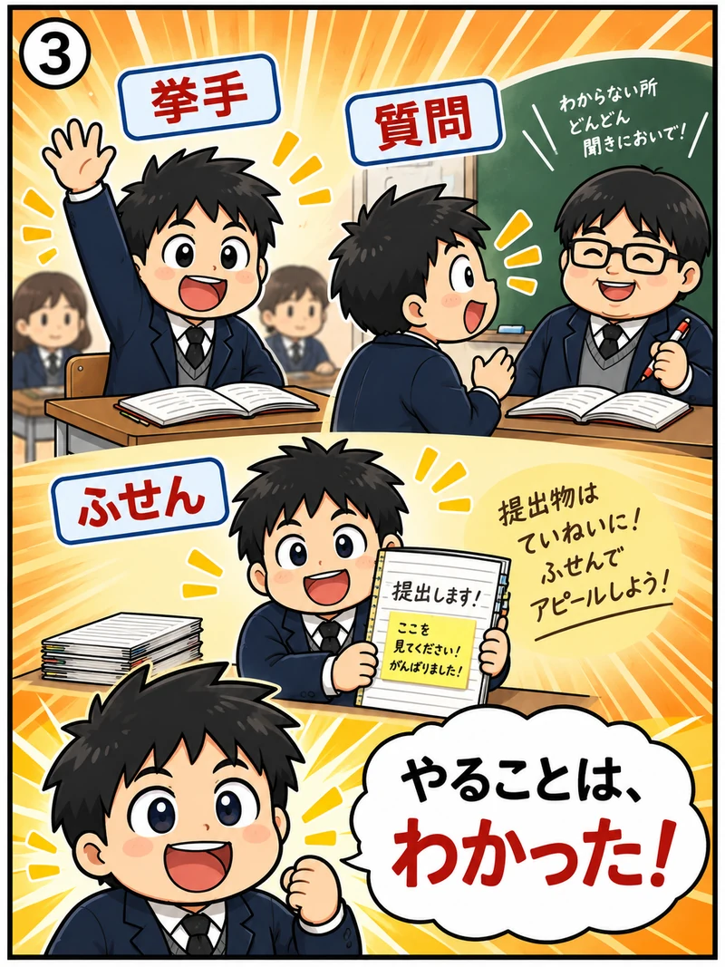 授業で挙手する・先生に質問する・提出物にふせんを貼る、内申点を上げる3つの行動を実践する中学生