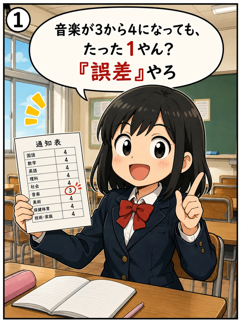「音楽が3から4になっても、たった1やん？誤差やろ」と通知表を見せる明石市の中学3年生の4コマ漫画