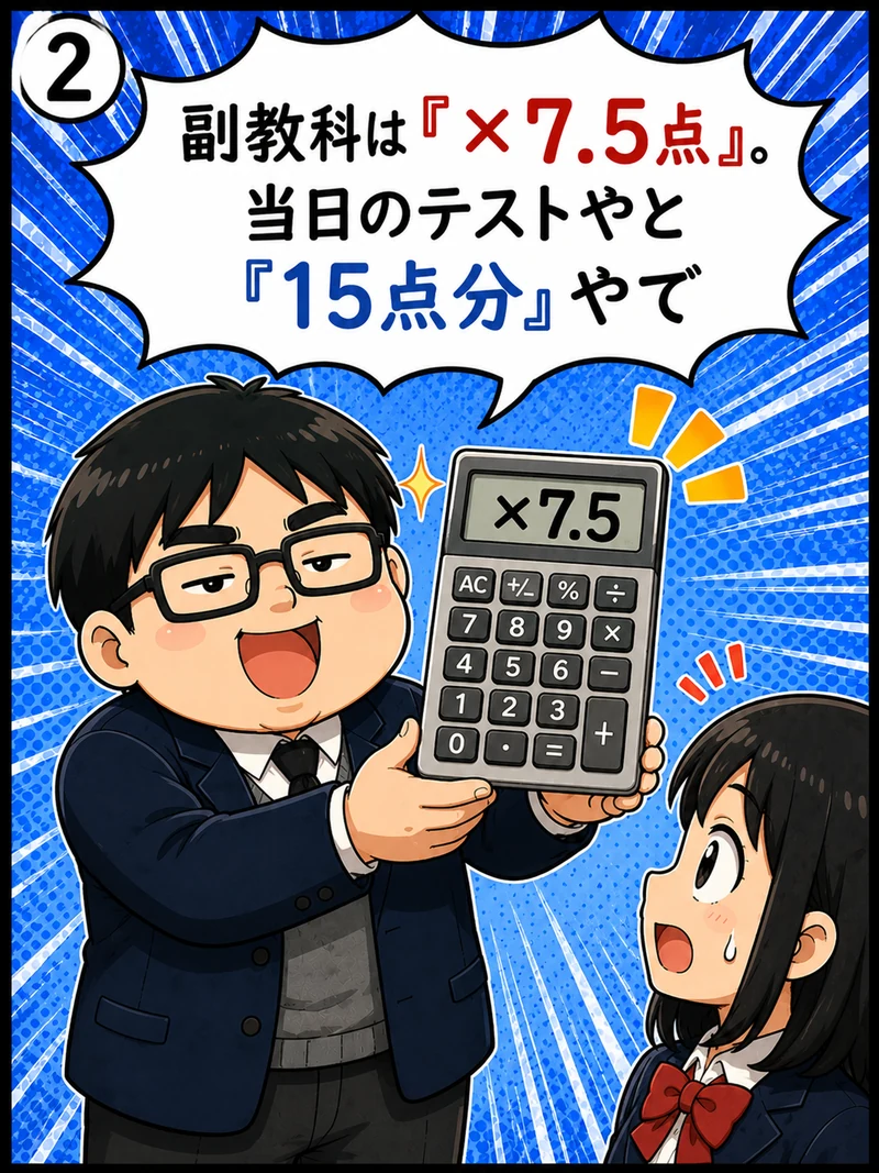 「副教科は×7.5点。当日のテストやと15点分やで」と電卓を掲げて説明する中谷塾の泰地先生
