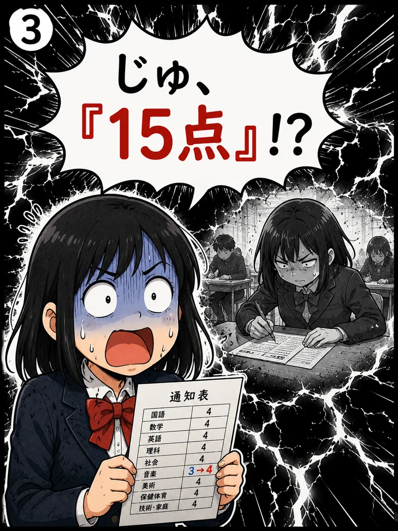副教科の評定1つが入試当日の15点分だと知って青ざめる中学生