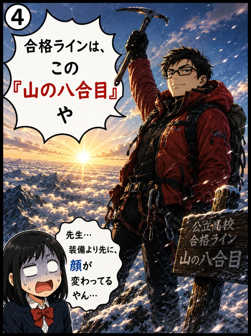 登山家姿で「合格ラインはこの山の八合目や」と告げる中谷塾の泰地先生と、ツッコミを入れる中学生の4コマ漫画