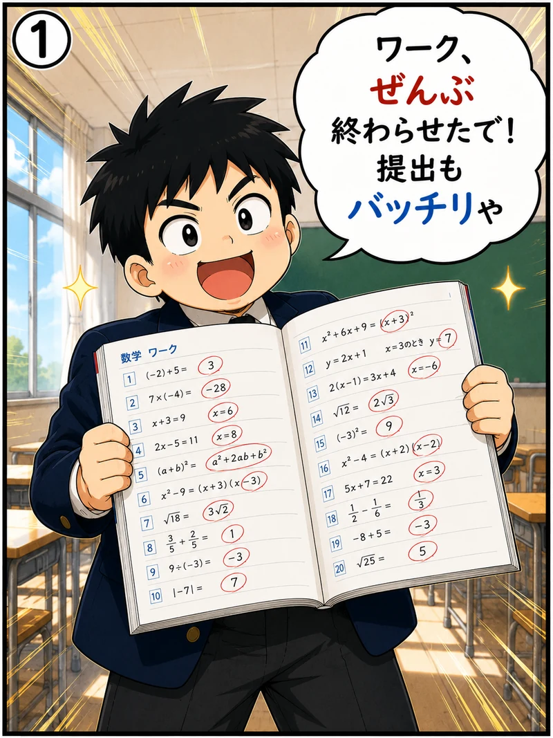 「ワーク、ぜんぶ終わらせたで！提出もバッチリや」と丸付けだけのワークを掲げる中学3年生の4コマ漫画