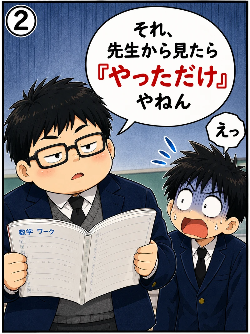 「それ、先生から見たら『やっただけ』やねん」とワークを見て冷静に指摘する中谷塾の泰地先生