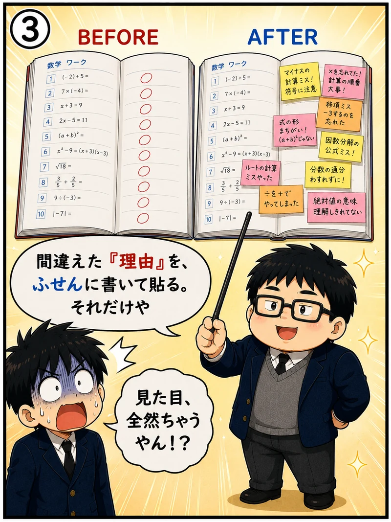 丸付けだけのワーク（BEFORE）と、間違えた理由を書いたふせんを貼ったワーク（AFTER）を比較したふせん大作戦の図解