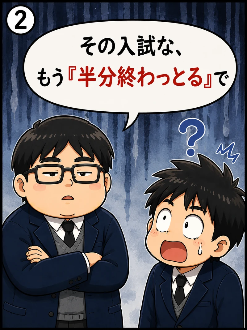 「その入試、もう半分終わっとるで」と告げる中谷塾の泰地先生と、驚く中学生
