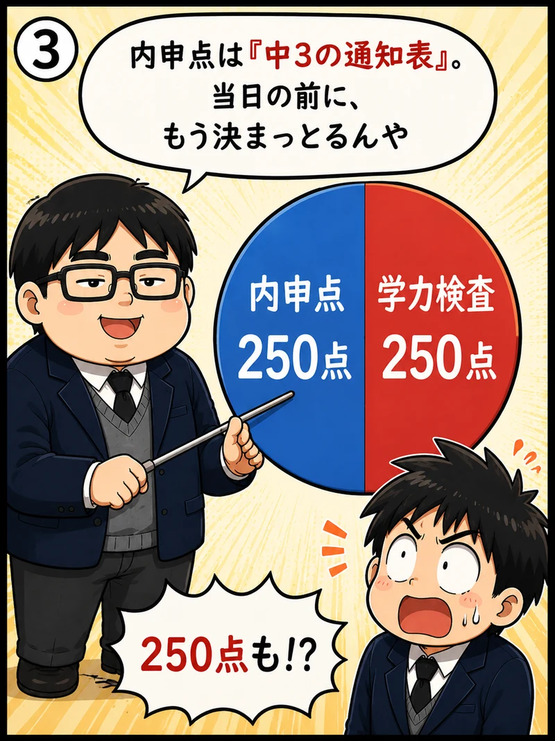 兵庫県の公立高校入試は内申点250点＋学力検査250点。円グラフで内申点の重さを解説する塾講師