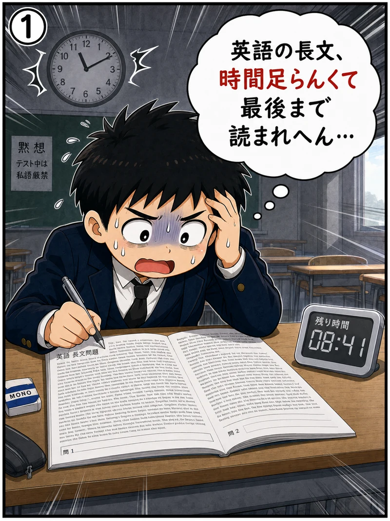 「英語の長文、時間足らんくて最後まで読まれへん」とテスト中に焦る明石市の中学3年生の4コマ漫画