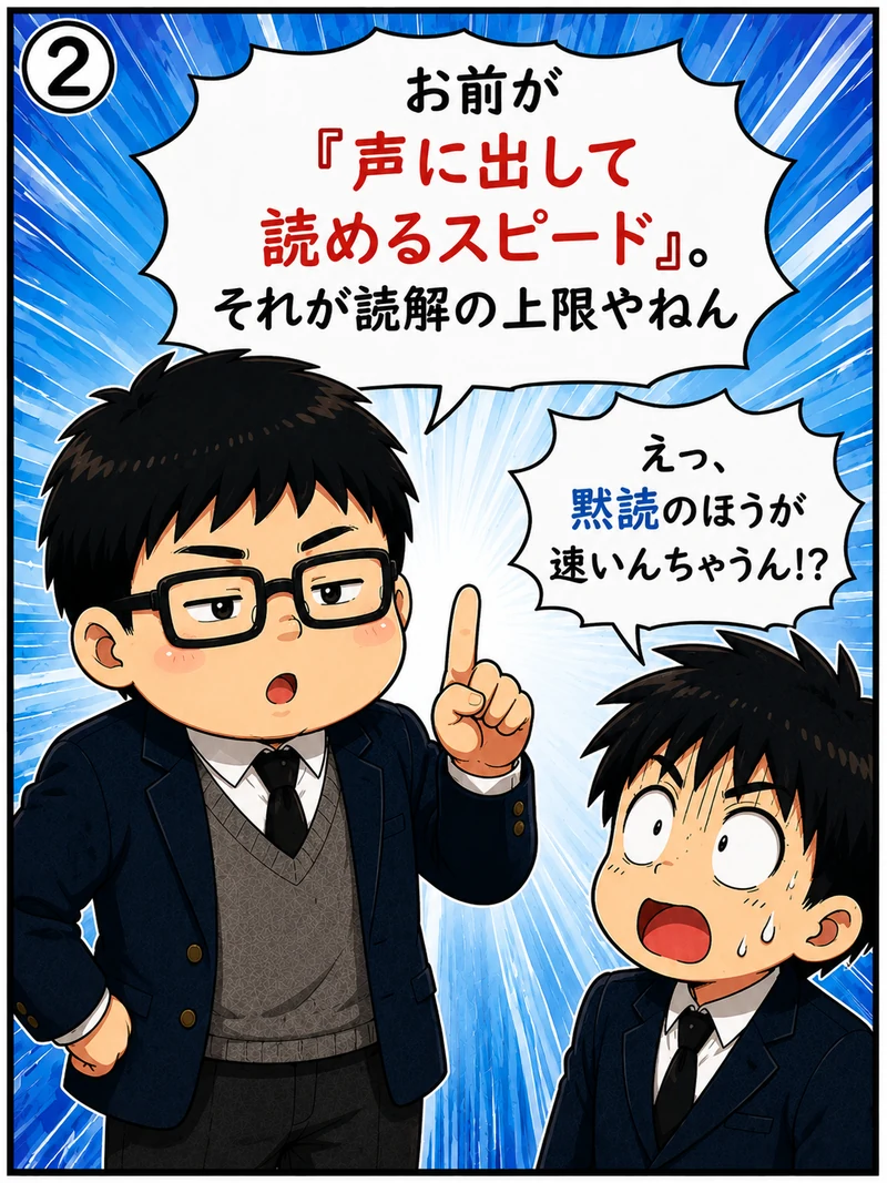 「声に出して読めるスピードが読解の上限やねん」と説明する中谷塾の泰地先生と、驚く中学生