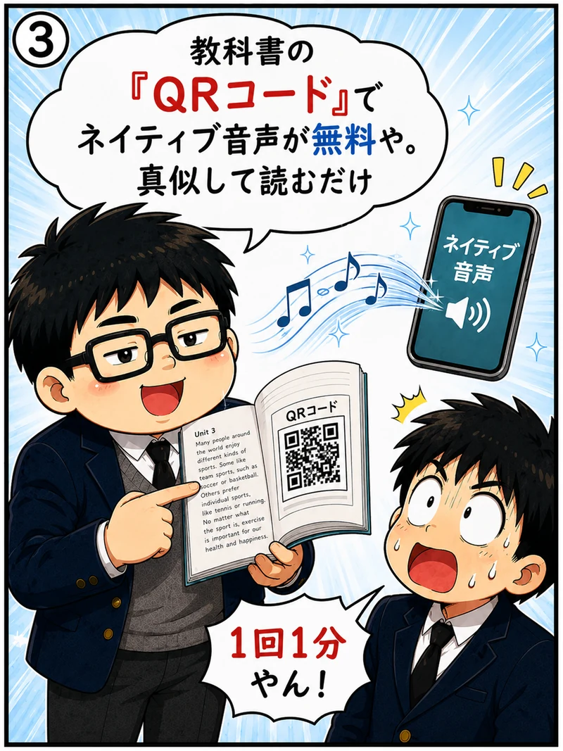 教科書のQRコードを読み込むとネイティブ音声が無料で聴けることを解説する中谷塾の泰地先生