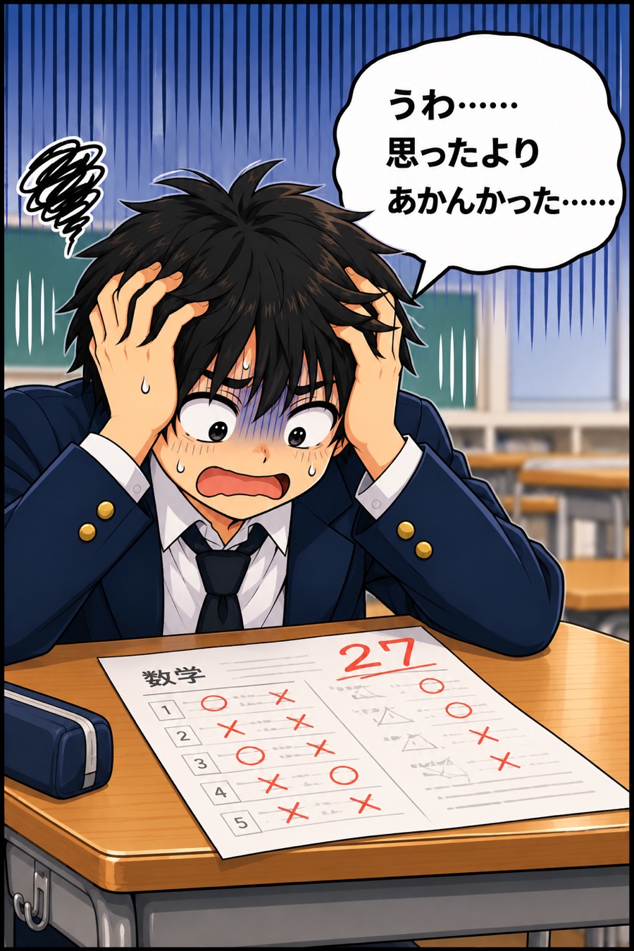 定期テストの結果を見てショックを受ける中学生