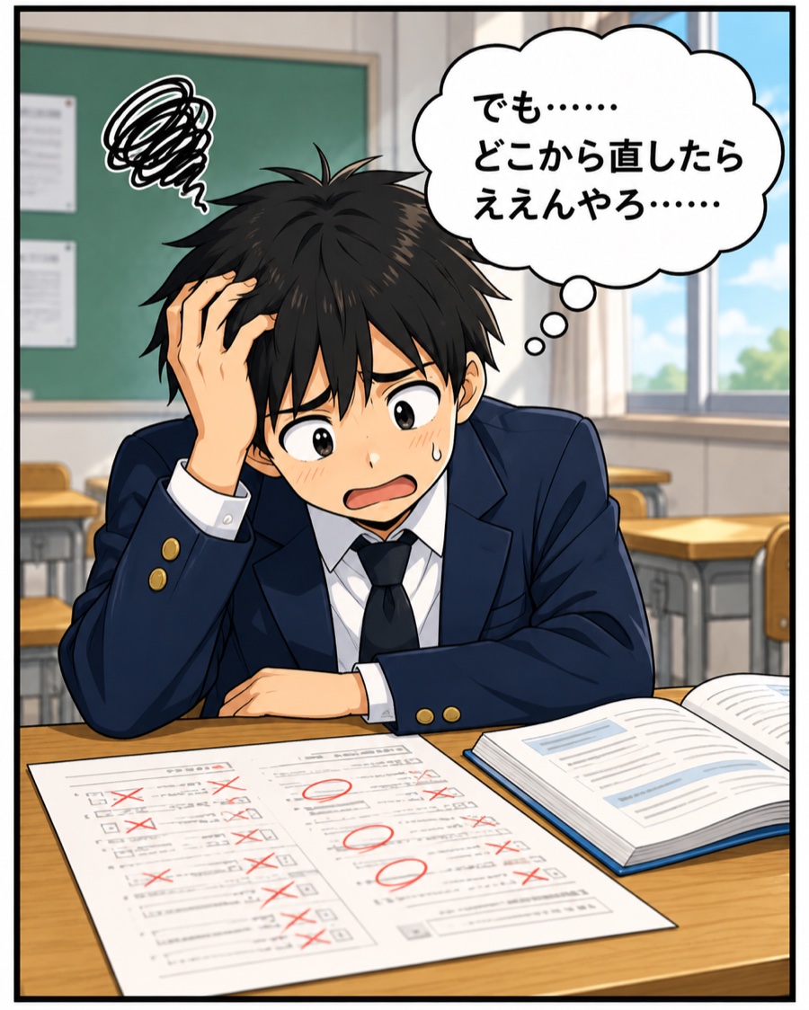 テストを見ながら、どこから直せばいいか悩む中学生