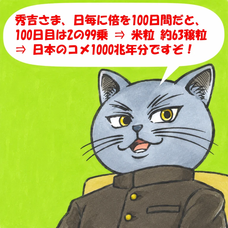 「秀吉さま、100日目は2の99乗、米粒約63穣粒、日本のコメ1000兆年分ですぞ」と報告する猫のうにゃすけ