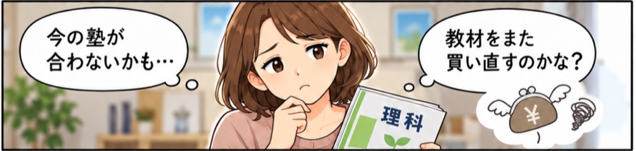「今の塾が合わないかも」「教材をまた買い直すのかな？」と考え込む保護者のイラスト