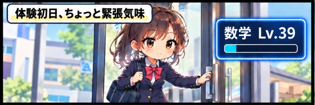 漫画1コマ目：体験初日、少し緊張して塾のドアを開ける中2の生徒。数学Lv.39