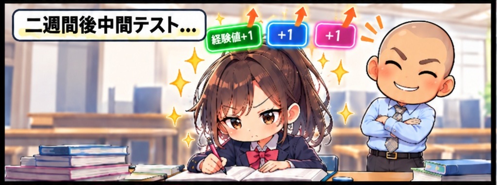 漫画2コマ目：中間テストに向けてコツコツ問題を解く生徒と、見守る先生