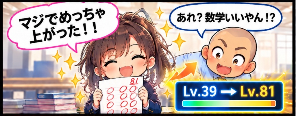 漫画3コマ目：答案を手に「マジでめっちゃ上がった！！」と喜ぶ生徒。Lv.39からLv.81へ