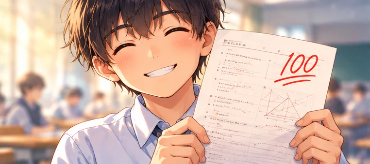 100点の答案を手に、照れたように笑う中学生（イメージイラスト）