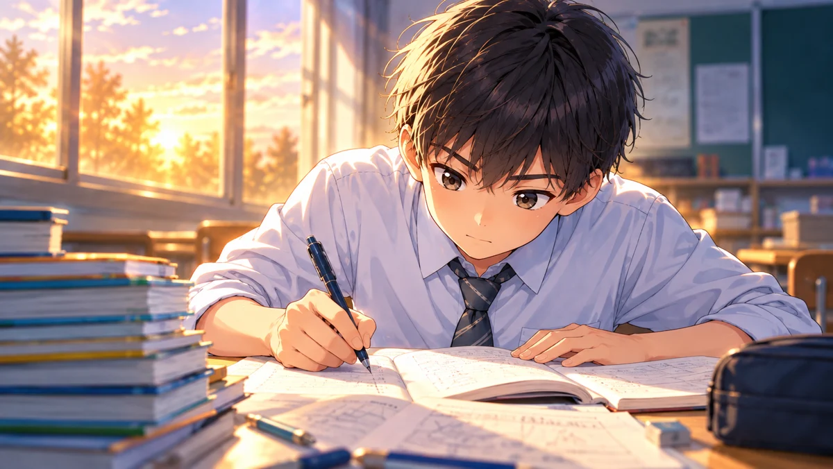 夕方の教室で、真剣な表情で数学の問題に向き合う中学生（イメージイラスト）