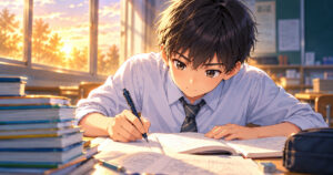 夕方の教室で、真剣な表情で数学の問題に向き合う中学生(イメージイラスト)